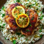 One pot chicken rice carmelized lemon - the image shows a plate of cooked chicken with rice. the chicken is golden brown and appears to be seasoned with herbs and spices. on top of the chicken, there are two slices of lemon and a sprig of parsley. the rice is white and fluffy, and the dish is garnished with fresh herbs. the plate is sitting on a wooden table.
