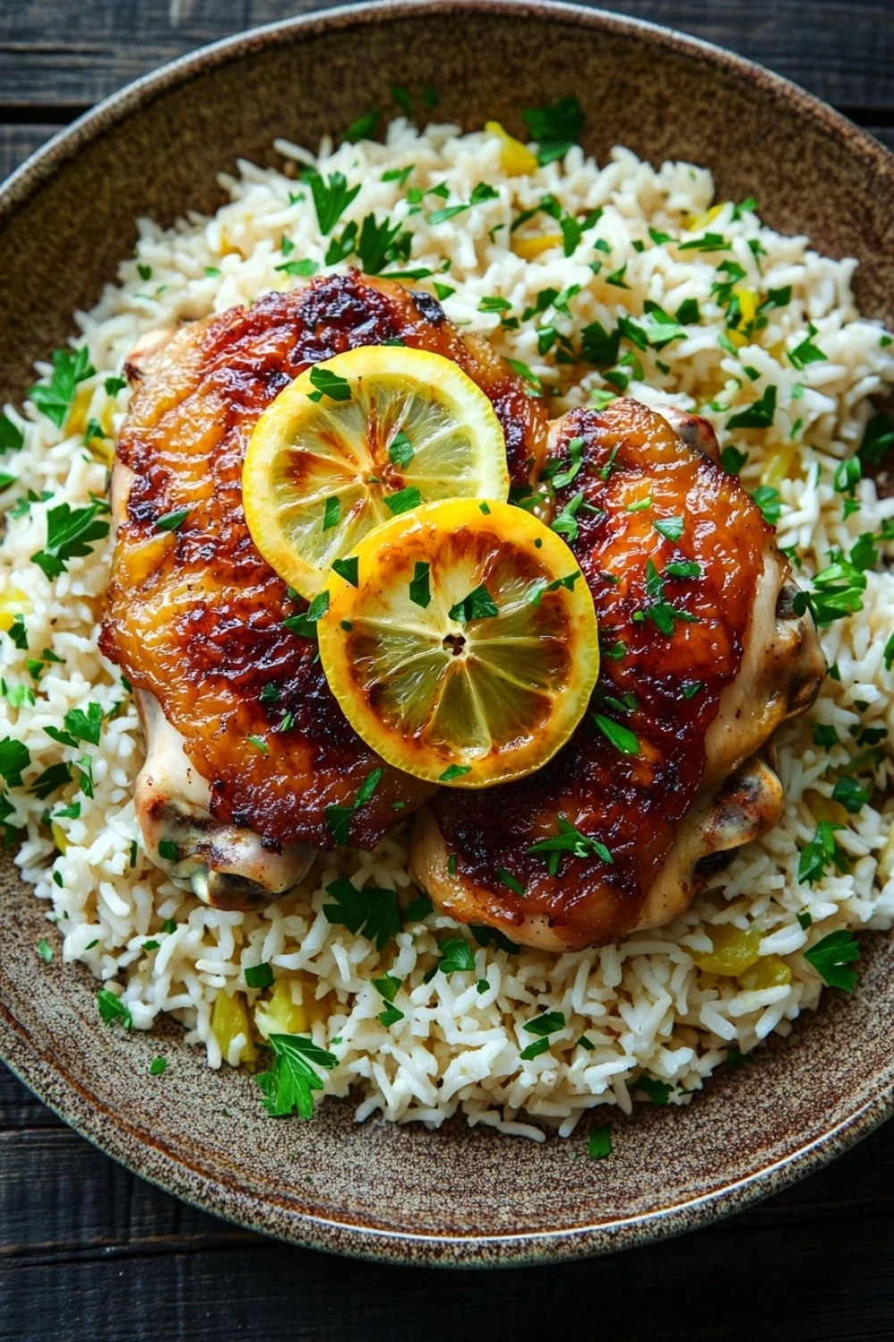 One pot chicken rice carmelized lemon - the image shows a plate of cooked chicken with rice. the chicken is golden brown and appears to be seasoned with herbs and spices. on top of the chicken, there are two slices of lemon and a sprig of parsley. the rice is white and fluffy, and the dish is garnished with fresh herbs. the plate is sitting on a wooden table.