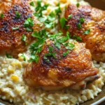 One pot creamy garlic chicken rice - the image shows a plate of food with two pieces of grilled chicken on top of a bed of creamy risotto. the chicken is golden brown and appears to be seasoned with herbs and spices. the risotto is a light yellow color and looks creamy and fluffy. the plate is brown and has a textured surface. the background is blurred, but it seems to be a kitchen countertop.