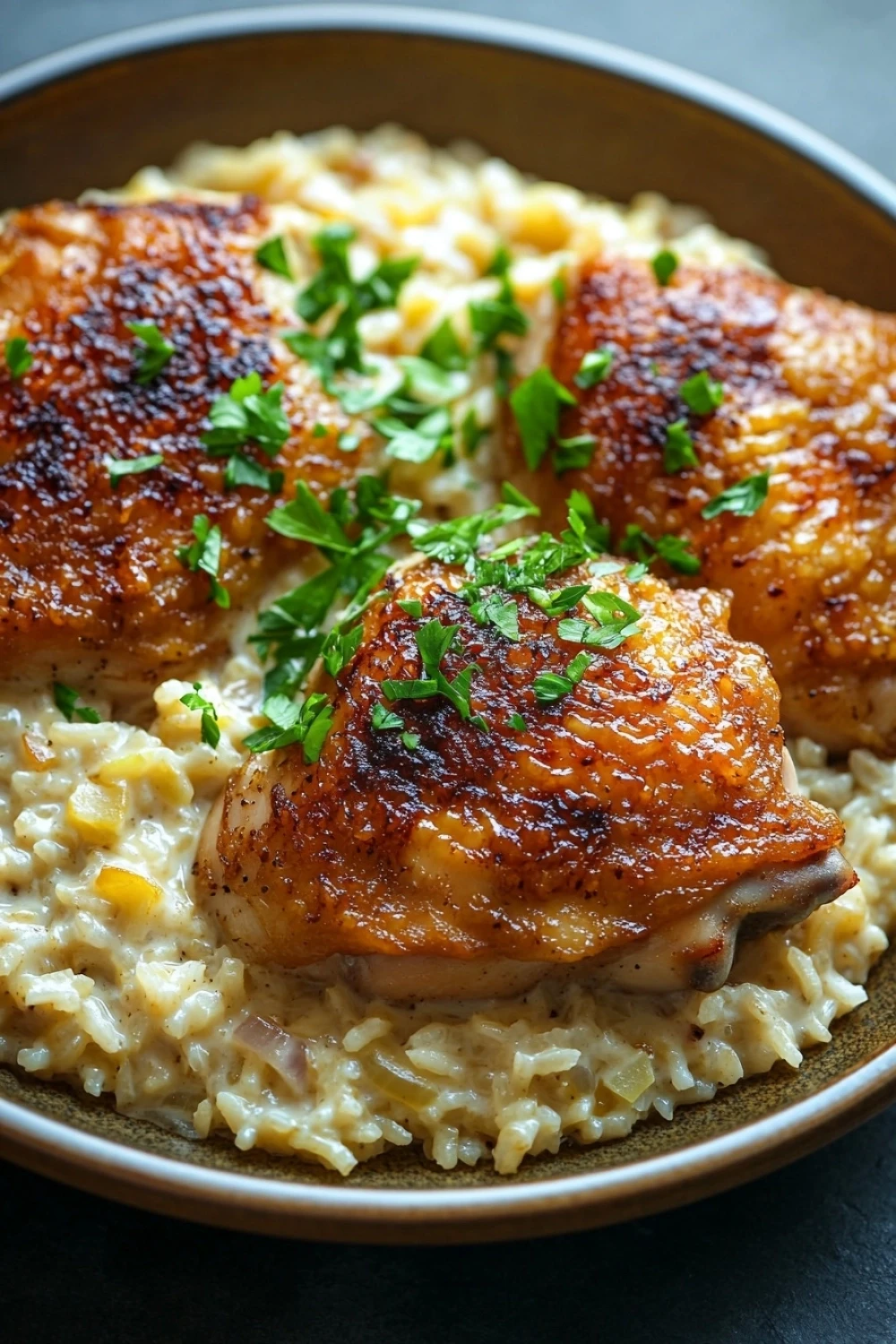One pot creamy garlic chicken rice - the image shows a plate of food with two pieces of grilled chicken on top of a bed of creamy risotto. the chicken is golden brown and appears to be seasoned with herbs and spices. the risotto is a light yellow color and looks creamy and fluffy. the plate is brown and has a textured surface. the background is blurred, but it seems to be a kitchen countertop.