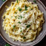 One pot garlic butter noodles - the image shows a plate of fettuccine alfredo pasta on a wooden table. the pasta is cooked al dente and is topped with a generous amount of parmesan cheese and fresh parsley. the plate is brown and has a textured surface. there are a few sprigs of parsley scattered around the plate, adding a pop of green color to the dish. on the right side of the image, there is a small piece of butter, which is partially visible in the top right corner. the background is blurred, but it appears to be a rustic kitchen countertop.