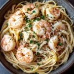 One pot garlic butter shrimp pasta - the image shows a bowl of spaghetti with shrimp and parmesan cheese. the spaghetti is cooked al dente and is garnished with fresh parsley. the shrimp are large and pink, and they are arranged in a circular pattern on top of the spaghetti. the dish is served in a dark brown bowl with a wooden table in the background. there is a lemon wedge on the side of the bowl. the overall color scheme of the dish is warm and inviting.