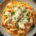 One pot garlic cheesy chicken spaghetti - the image shows a plate of spaghetti with chicken and parmesan cheese on top. the spaghetti is cooked al dente and is garnished with fresh parsley. the dish is served in a round, light-colored bowl with a dark grey rim. the chicken is cooked to a golden brown color and appears to be seasoned with herbs and spices. the cheese is melted and bubbly, and there are small pieces of red bell peppers scattered throughout the dish. the plate is sitting on a dark, textured surface.