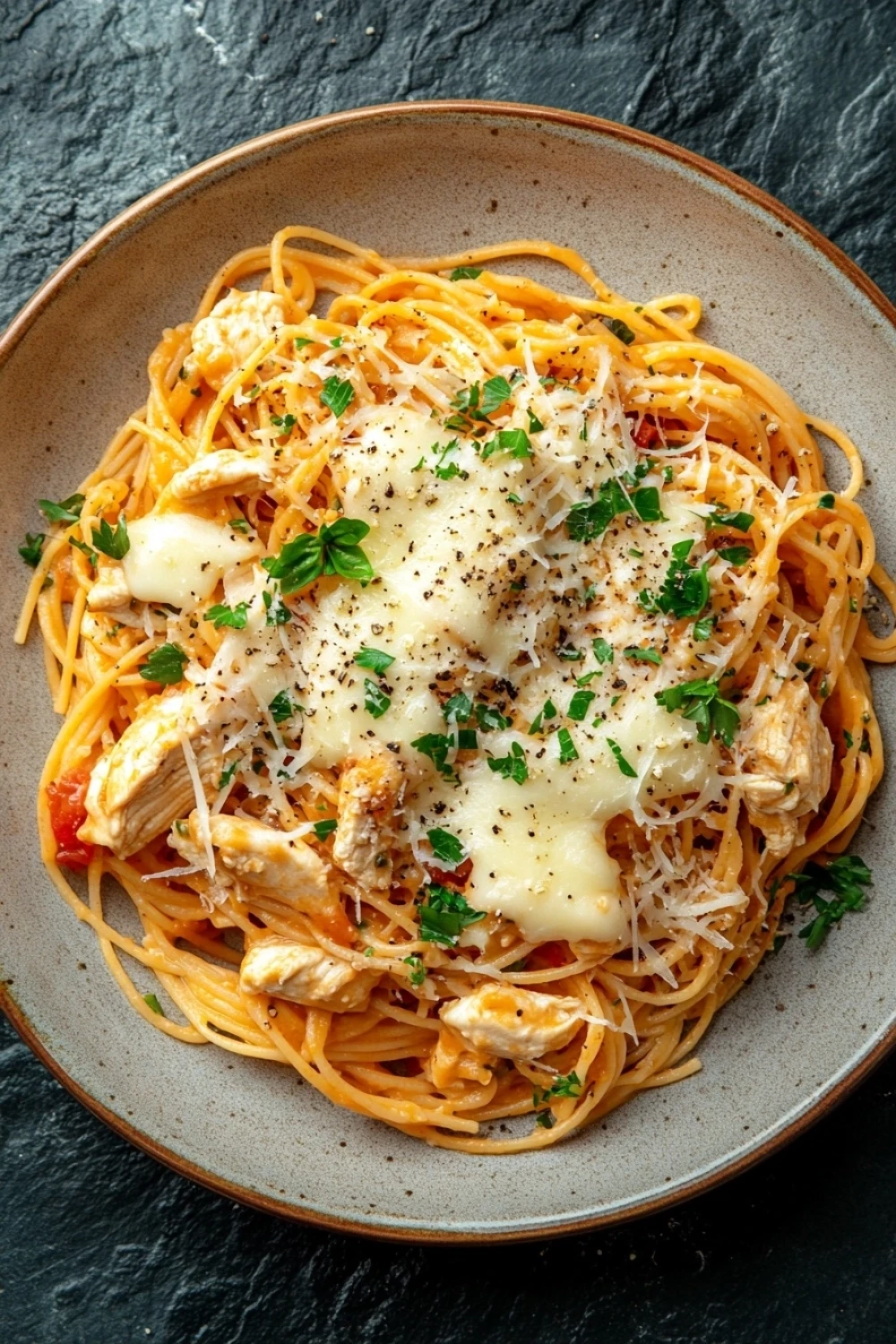 One pot garlic cheesy chicken spaghetti - the image shows a plate of spaghetti with chicken and parmesan cheese on top. the spaghetti is cooked al dente and is garnished with fresh parsley. the dish is served in a round, light-colored bowl with a dark grey rim. the chicken is cooked to a golden brown color and appears to be seasoned with herbs and spices. the cheese is melted and bubbly, and there are small pieces of red bell peppers scattered throughout the dish. the plate is sitting on a dark, textured surface.