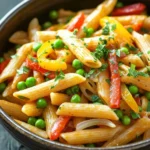 One pot pasta mit erbsen und paprika - the image is a close-up of a bowl of pasta dish. the pasta appears to be penne, which is a type of penne pasta, and is cooked in a tomato-based sauce. the dish is garnished with sliced red and yellow bell peppers, green peas, and chopped parsley. the bowl is made of dark wood and is sitting on a dark wooden table. the background is blurred, making the pasta the focal point of the image.