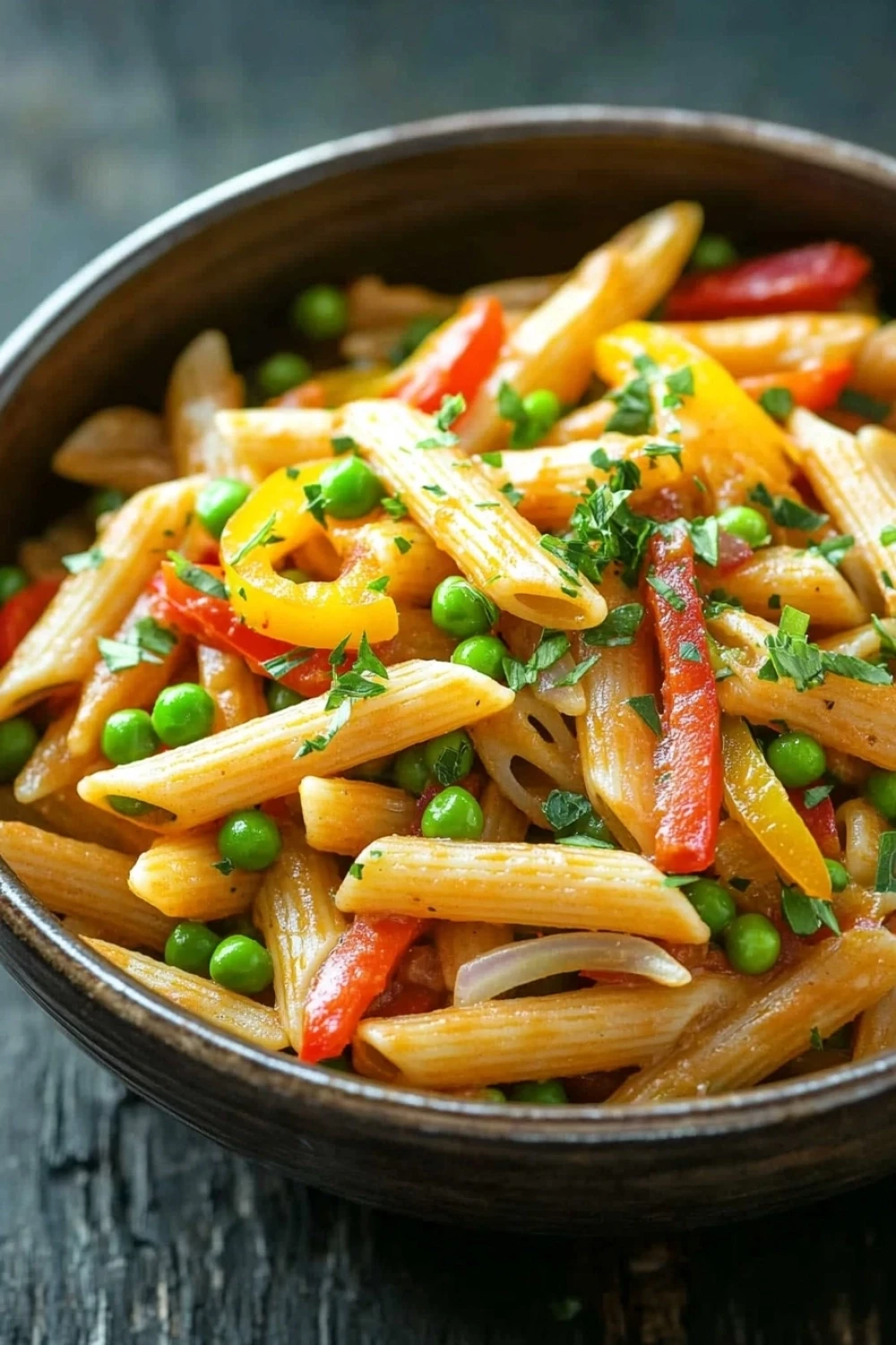 One pot pasta mit erbsen und paprika - the image is a close-up of a bowl of pasta dish. the pasta appears to be penne, which is a type of penne pasta, and is cooked in a tomato-based sauce. the dish is garnished with sliced red and yellow bell peppers, green peas, and chopped parsley. the bowl is made of dark wood and is sitting on a dark wooden table. the background is blurred, making the pasta the focal point of the image.