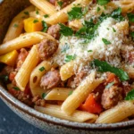 One pot pasta saucisse - the image is a close-up of a bowl of pasta dish. the pasta appears to be penne, which is a type of penne pasta, and is cooked in a tomato-based sauce. the dish is garnished with chopped parsley and grated parmesan cheese. there are also chunks of sausage, red bell peppers, and other vegetables mixed in with the pasta. the bowl is made of ceramic and has a brown and white speckled pattern. the background is dark, making the colors of the dish stand out.