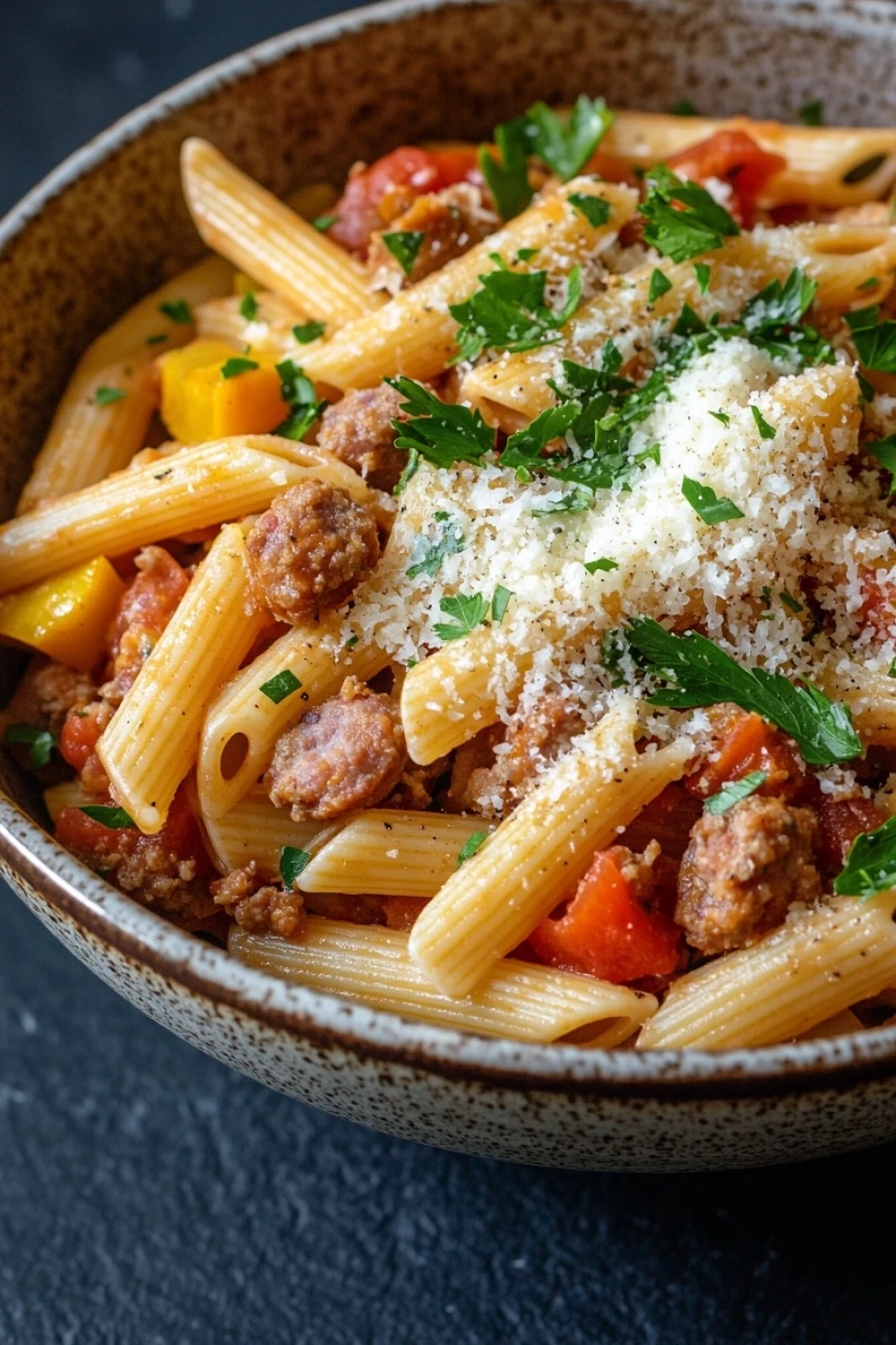 One pot pasta saucisse - the image is a close-up of a bowl of pasta dish. the pasta appears to be penne, which is a type of penne pasta, and is cooked in a tomato-based sauce. the dish is garnished with chopped parsley and grated parmesan cheese. there are also chunks of sausage, red bell peppers, and other vegetables mixed in with the pasta. the bowl is made of ceramic and has a brown and white speckled pattern. the background is dark, making the colors of the dish stand out.
