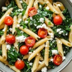 One pot pasta spinat tomaten feta - the image is a close-up of a bowl of pasta salad. the pasta appears to be penne, and it is cooked al dente. the salad is made up of collard greens, cherry tomatoes, and crumbled feta cheese. the tomatoes are bright red and appear to be ripe and juicy. the feta is crumbled and scattered throughout the salad, adding a creamy texture to the dish. the bowl is made of gray ceramic and is sitting on a wooden table.