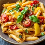 One pot pasta vegetarisch paprika - the image is a close-up of a bowl of pasta dish. the pasta appears to be penne, which is a type of penne pasta, and is cooked in a creamy sauce. the sauce is a light yellow color and is drizzled over the top of the pasta. there are also chunks of red and yellow bell peppers, sliced tomatoes, and fresh basil leaves scattered throughout the dish. in the center of the dish, there is a sprinkle of black pepper flakes. the bowl is made of dark brown ceramic and is sitting on a dark grey countertop.
