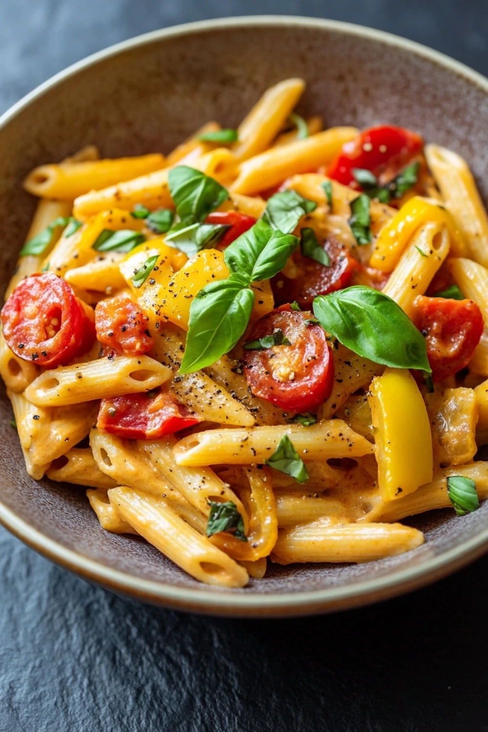One pot pasta vegetarisch paprika - the image is a close-up of a bowl of pasta dish. the pasta appears to be penne, which is a type of penne pasta, and is cooked in a creamy sauce. the sauce is a light yellow color and is drizzled over the top of the pasta. there are also chunks of red and yellow bell peppers, sliced tomatoes, and fresh basil leaves scattered throughout the dish. in the center of the dish, there is a sprinkle of black pepper flakes. the bowl is made of dark brown ceramic and is sitting on a dark grey countertop.