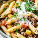 One pot pasta with ground beef - the image is a close-up of a bowl of pasta dish. the pasta appears to be penne, which is a type of penne pasta, and it is cooked in a tomato-based sauce. the dish is garnished with chopped parsley and grated parmesan cheese. there are also chunks of ground beef, diced tomatoes, and yellow bell peppers mixed in with the pasta. the colors of the dish are vibrant and the texture looks fresh and appetizing. the bowl is made of ceramic and is sitting on a white countertop.
