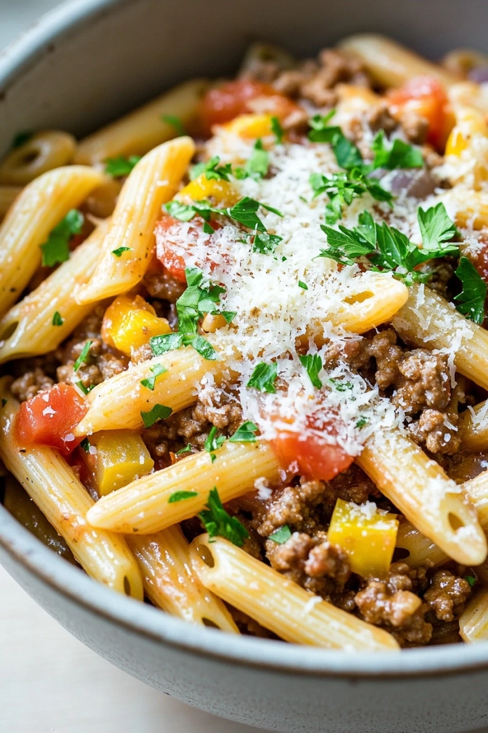One pot pasta with ground beef - the image is a close-up of a bowl of pasta dish. the pasta appears to be penne, which is a type of penne pasta, and it is cooked in a tomato-based sauce. the dish is garnished with chopped parsley and grated parmesan cheese. there are also chunks of ground beef, diced tomatoes, and yellow bell peppers mixed in with the pasta. the colors of the dish are vibrant and the texture looks fresh and appetizing. the bowl is made of ceramic and is sitting on a white countertop.