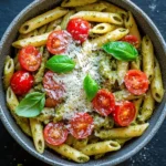 One pot pesto - the image is a close-up of a bowl of pasta dish. the pasta appears to be penne, which is a type of penne pasta, and is coated in a creamy green pesto sauce. the dish is garnished with sliced cherry tomatoes and fresh basil leaves. there is also a sprinkle of parmesan cheese on top of the pasta. the bowl is made of ceramic and is sitting on a dark grey surface. there are a few basil leaves scattered around the bowl, adding a pop of green color to the dish.