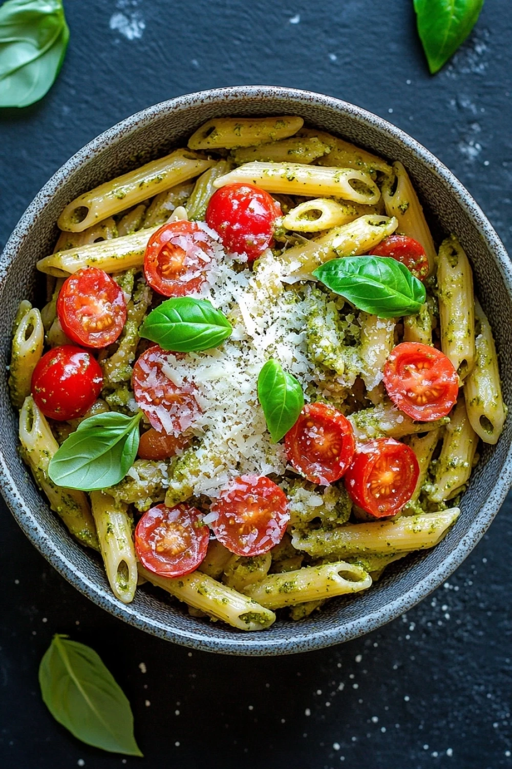 One pot pesto - the image is a close-up of a bowl of pasta dish. the pasta appears to be penne, which is a type of penne pasta, and is coated in a creamy green pesto sauce. the dish is garnished with sliced cherry tomatoes and fresh basil leaves. there is also a sprinkle of parmesan cheese on top of the pasta. the bowl is made of ceramic and is sitting on a dark grey surface. there are a few basil leaves scattered around the bowl, adding a pop of green color to the dish.