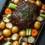 One pot pilze sahne pasta - the image shows a rectangular baking tray filled with a dish of cooked meat and vegetables. the meat appears to be a medium-rare ribeye steak, with a dark brown crust on top. it is garnished with fresh herbs and is surrounded by diced carrots, celery, onions, and potatoes. the potatoes are golden brown and appear to be seasoned with herbs and spices. the carrots are bright orange and look ripe and juicy. the celery is a vibrant green color and is scattered throughout the dish. the tray is sitting on a dark grey countertop.