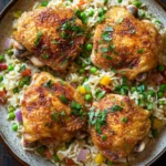 One skillet chicken and rice - the image shows a plate of food with four pieces of chicken and rice. the chicken is golden brown and appears to be seasoned with herbs and spices. the rice is white and fluffy, and it is mixed with various vegetables such as peas, carrots, and bell peppers. the dish is garnished with fresh parsley. the plate is sitting on a wooden table, and there are a few sprigs of parsley scattered around the plate.