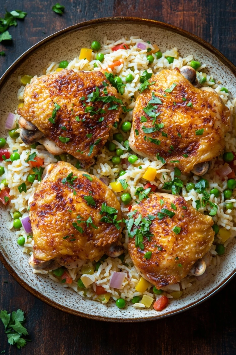 One skillet chicken and rice - the image shows a plate of food with four pieces of chicken and rice. the chicken is golden brown and appears to be seasoned with herbs and spices. the rice is white and fluffy, and it is mixed with various vegetables such as peas, carrots, and bell peppers. the dish is garnished with fresh parsley. the plate is sitting on a wooden table, and there are a few sprigs of parsley scattered around the plate.