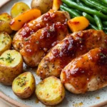 Peach glazed chicken breast dinner - the image shows a plate of food with a variety of ingredients. on the plate, there are two pieces of grilled chicken breasts covered in a red sauce. the chicken is golden brown and appears to be seasoned with herbs and spices. next to the chicken, there is a bed of green beans and roasted potatoes. the potatoes are yellow and have a sprig of thyme on top. the plate is sitting on a wooden table with a white tablecloth.