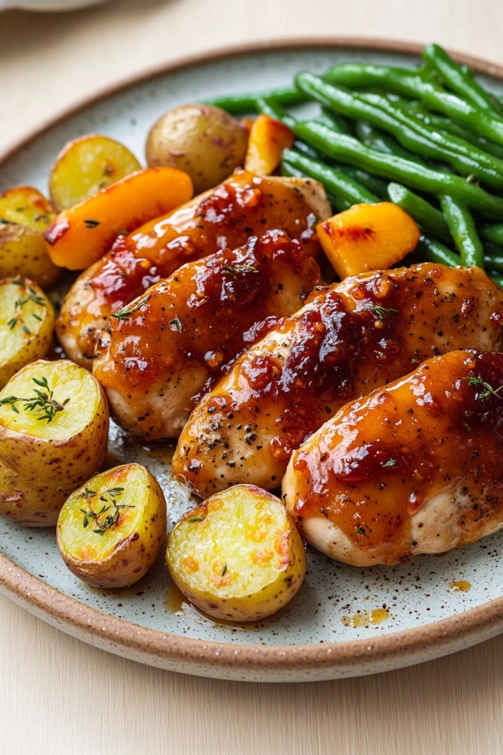 Peach glazed chicken breast dinner - the image shows a plate of food with a variety of ingredients. on the plate, there are two pieces of grilled chicken breasts covered in a red sauce. the chicken is golden brown and appears to be seasoned with herbs and spices. next to the chicken, there is a bed of green beans and roasted potatoes. the potatoes are yellow and have a sprig of thyme on top. the plate is sitting on a wooden table with a white tablecloth.