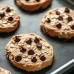 Peanut butter and yogurt cookie dough - the image shows six freshly baked chocolate chip cookies on a baking tray. the cookies are round and golden brown in color, with chocolate chips scattered throughout. they are arranged in a single layer on the tray, with some overlapping each other. the tray is lined with parchment paper, and the cookies appear to be freshly baked. the background is blurred, but it appears to be a kitchen countertop.