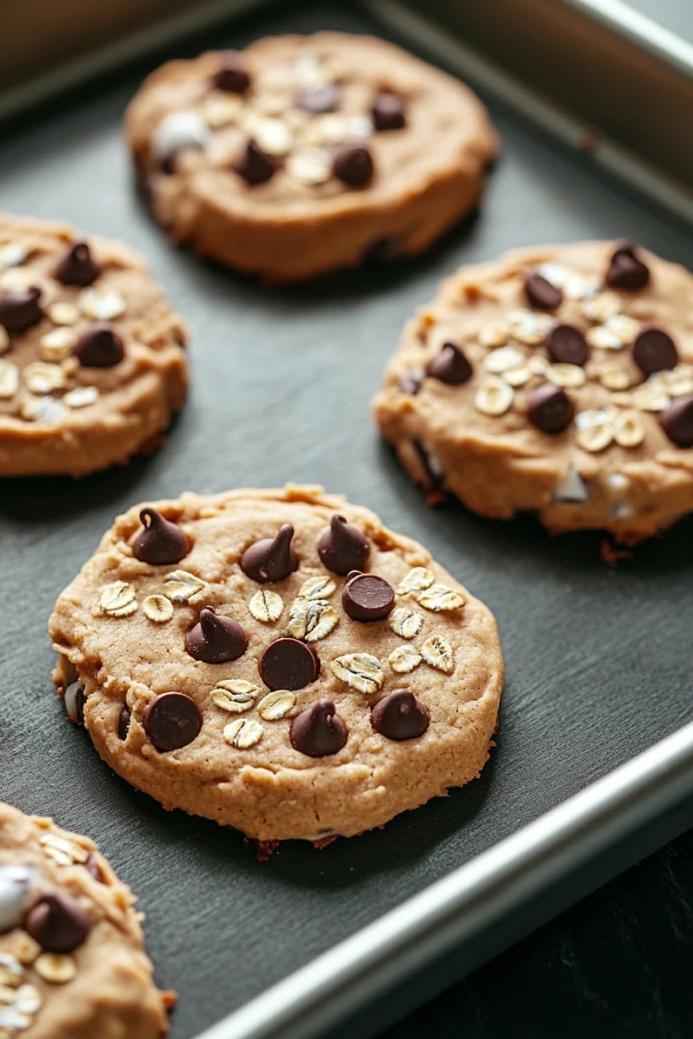 Peanut butter and yogurt cookie dough - the image shows six freshly baked chocolate chip cookies on a baking tray. the cookies are round and golden brown in color, with chocolate chips scattered throughout. they are arranged in a single layer on the tray, with some overlapping each other. the tray is lined with parchment paper, and the cookies appear to be freshly baked. the background is blurred, but it appears to be a kitchen countertop.