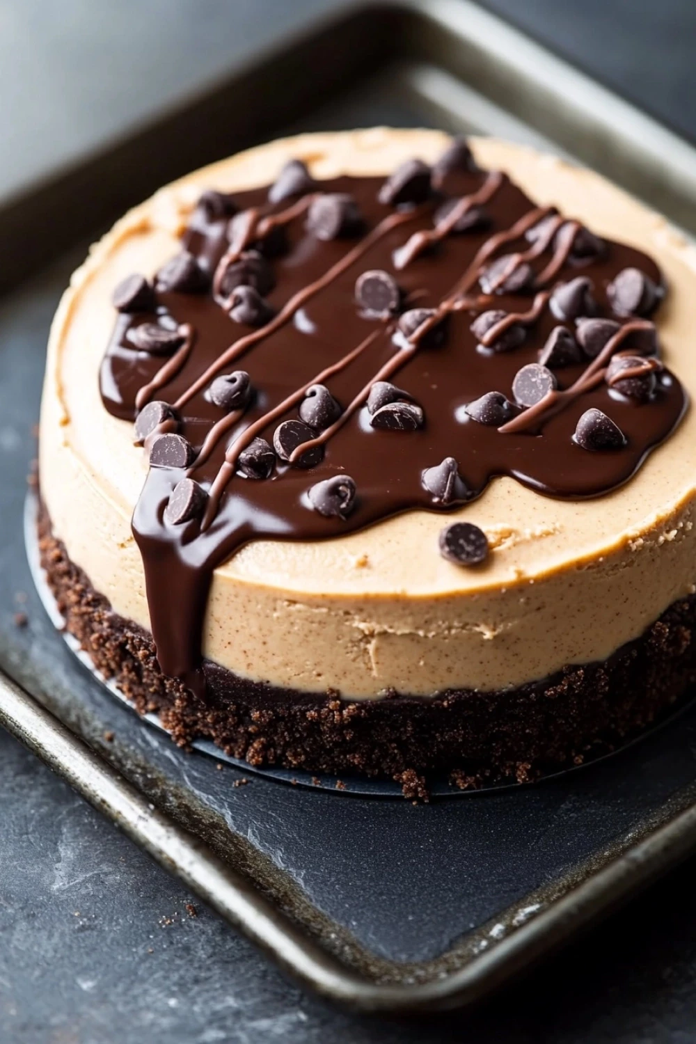 Peanut butter cookie dough cheesecake - the image is of a round cheesecake on a black baking tray. the cheesecake has a creamy white base with a layer of chocolate chips on top. the chocolate chips are scattered across the top of the cheesecake, creating a drizzle of chocolate sauce. the tray is sitting on a dark grey countertop.