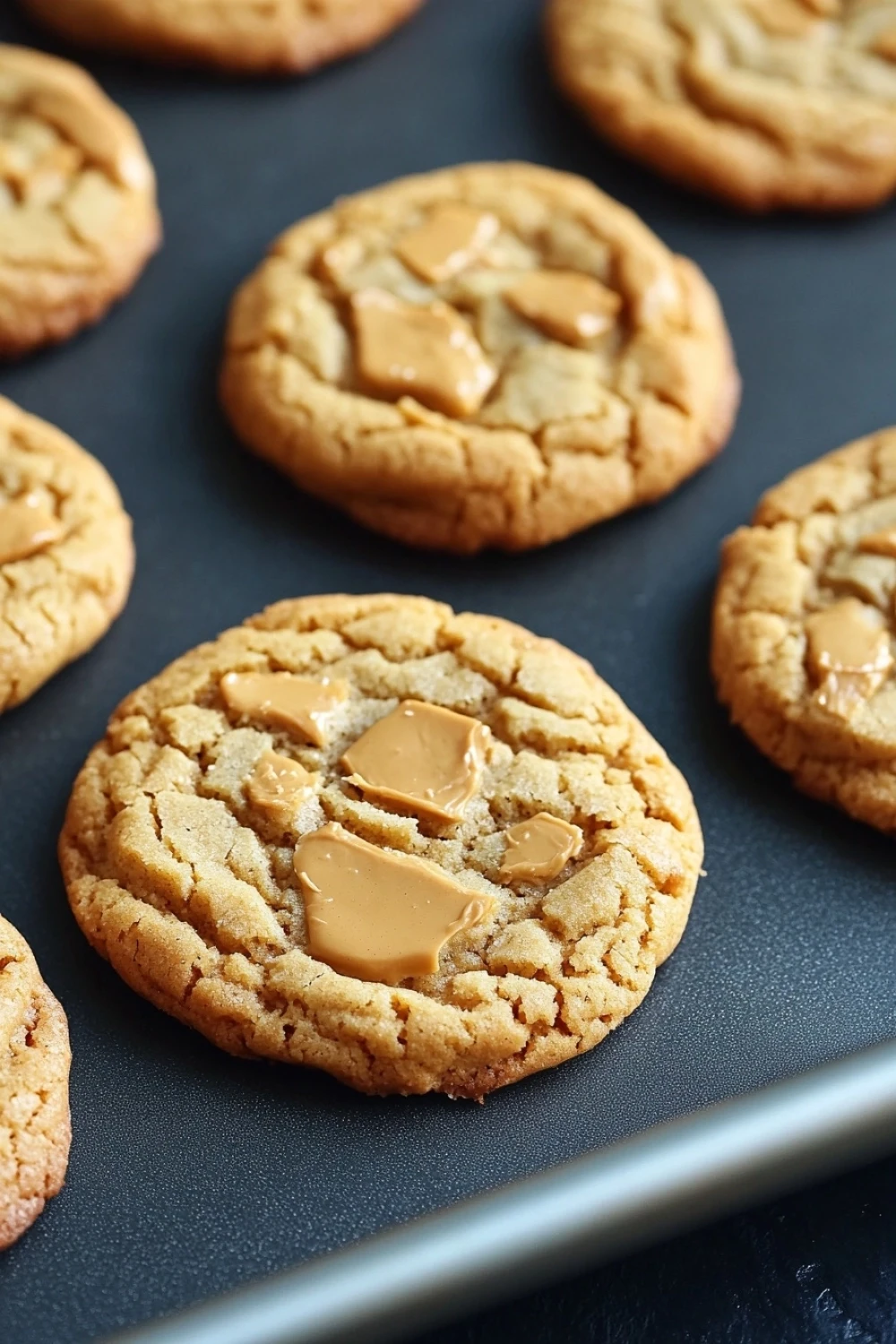 Peanut butter cookie mix betty crocker - the image shows a tray of freshly baked peanut butter cookies. the cookies are round and golden brown in color, with a crumbly texture. they are arranged in a single layer on the tray, with some overlapping each other. the peanut butter is spread evenly over the top of each cookie, creating a smooth and creamy texture. a metal spatula is resting on the side of the tray. the background is dark, making the cookies stand out.