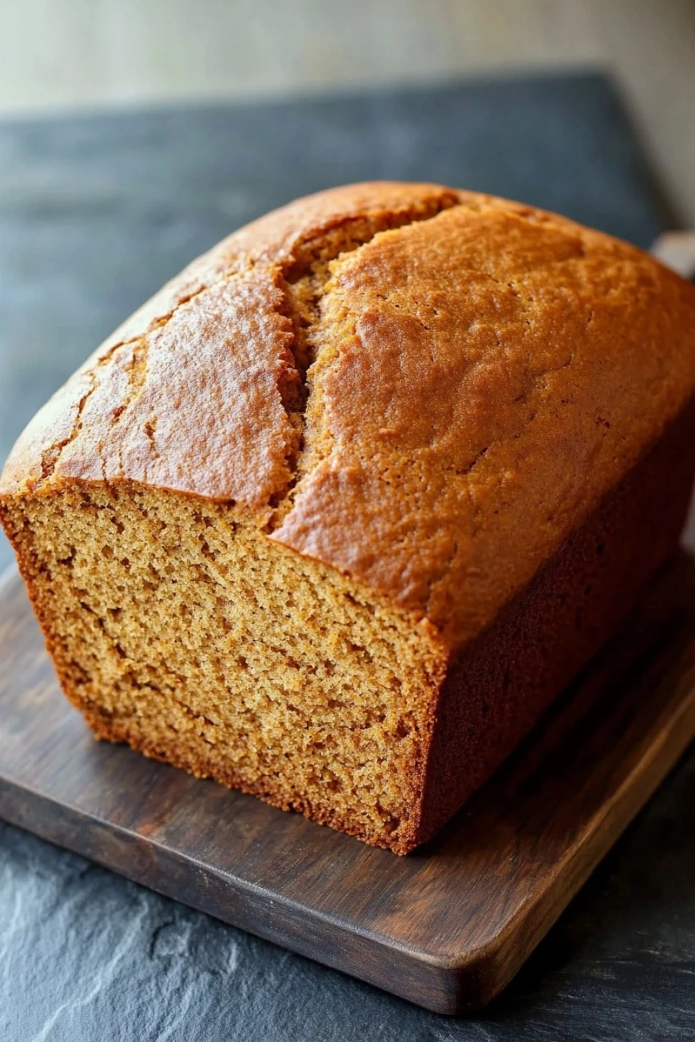 Pumpkin bread high altitude - the image shows a freshly baked loaf of bread on a wooden cutting board. the bread appears to be golden brown in color and has a slightly crumbly texture. it is cut in half, revealing the soft, fluffy interior. the cutting board is placed on a dark grey slate countertop. the background is blurred, making the bread the focal point of the image.