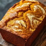 Pumpkin bread with cream cheese - the image is a close-up of a freshly baked loaf of bread on a wooden cutting board. the bread appears to be golden brown in color and has a crumbly texture. the top of the bread is covered in a swirl of white icing, which is drizzled over the top. the icing is spread evenly across the bread, creating a smooth and even surface. the cutting board is placed on a dark grey countertop with a blurred background.
