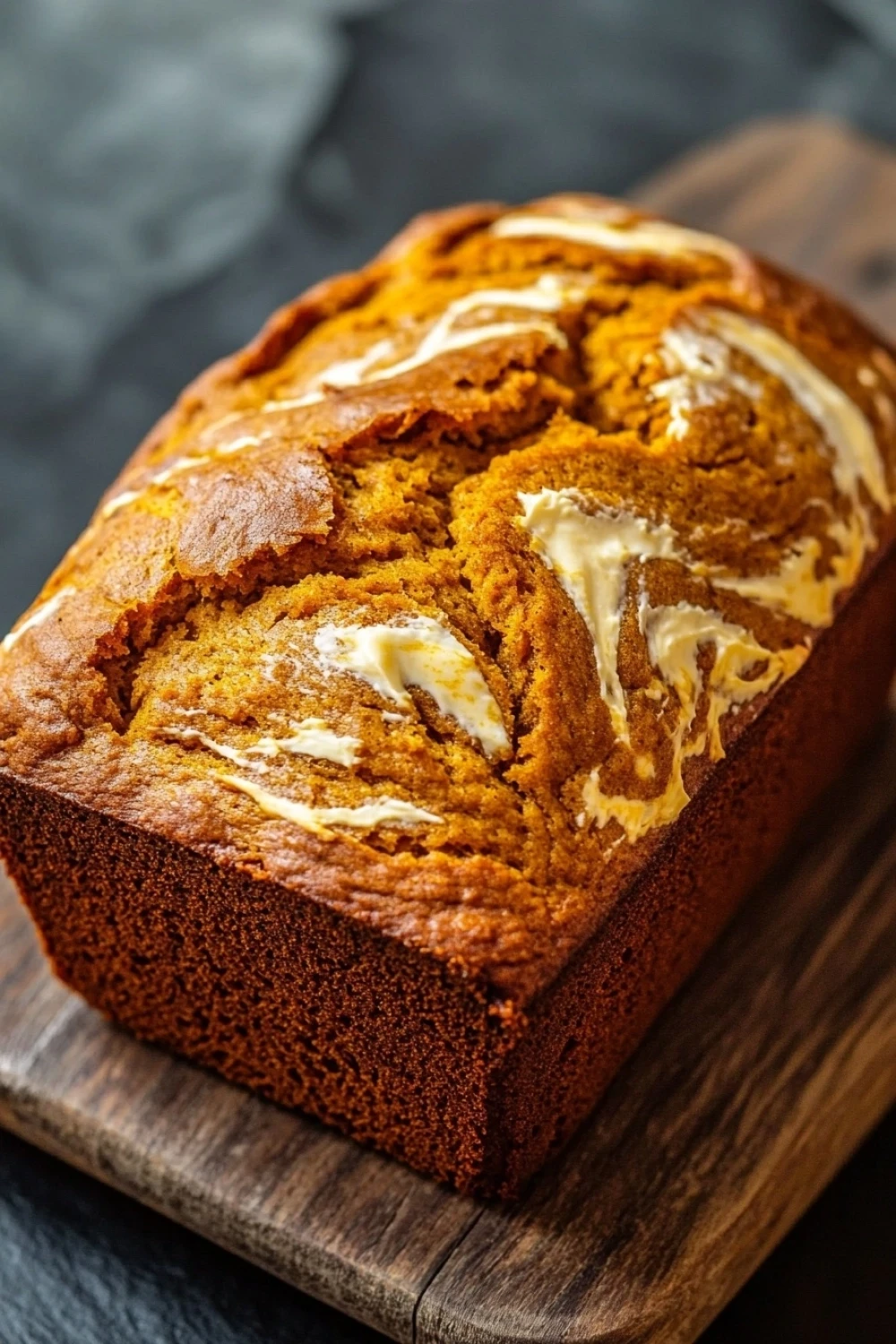 Pumpkin bread with cream cheese - the image is a close-up of a freshly baked loaf of bread on a wooden cutting board. the bread appears to be golden brown in color and has a crumbly texture. the top of the bread is covered in a swirl of white icing, which is drizzled over the top. the icing is spread evenly across the bread, creating a smooth and even surface. the cutting board is placed on a dark grey countertop with a blurred background.