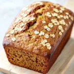 Pumpkin zucchini bread no sugar - the image shows a loaf of bread on a wooden cutting board. the bread appears to be freshly baked and has a golden brown color. it is topped with sliced oats, giving it a crunchy texture. the loaf is sitting on a white countertop, and the background is blurred, making the bread the focal point of the image.