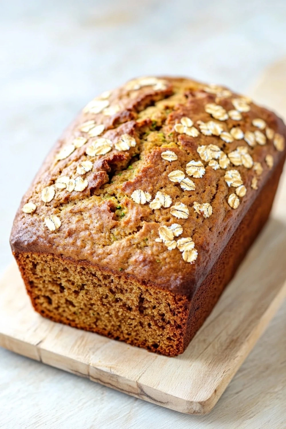 Pumpkin zucchini bread no sugar - the image shows a loaf of bread on a wooden cutting board. the bread appears to be freshly baked and has a golden brown color. it is topped with sliced oats, giving it a crunchy texture. the loaf is sitting on a white countertop, and the background is blurred, making the bread the focal point of the image.