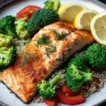 Salmon dinner quinoa - the image shows a plate of food with a piece of salmon on it. the salmon is cooked to a golden brown color and is garnished with fresh dill. the plate is white with a blue rim and is placed on a wooden table. on top of the salmon, there are several pieces of broccoli, red bell peppers, and sliced lemons. the broccoli is cut into small pieces and is arranged in a circular pattern around the salmon. the red bell pepper is placed in the center of the plate and is surrounded by a bed of quinoa. the quinoa is light brown and appears to be seasoned with herbs and spices. the overall presentation of the dish is colorful and appetizing.
