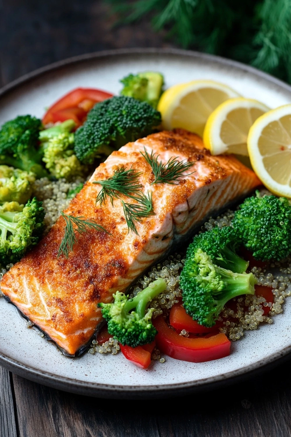 Salmon dinner quinoa - the image shows a plate of food with a piece of salmon on it. the salmon is cooked to a golden brown color and is garnished with fresh dill. the plate is white with a blue rim and is placed on a wooden table. on top of the salmon, there are several pieces of broccoli, red bell peppers, and sliced lemons. the broccoli is cut into small pieces and is arranged in a circular pattern around the salmon. the red bell pepper is placed in the center of the plate and is surrounded by a bed of quinoa. the quinoa is light brown and appears to be seasoned with herbs and spices. the overall presentation of the dish is colorful and appetizing.