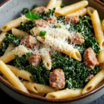 Sausage and kale pasta dinner for two - the image is a close-up of a bowl of pasta dish. the pasta appears to be penne, which is a type of penne pasta, and is cooked al dente. the dish is garnished with chunks of sausage and kale, and there is a sprinkle of grated parmesan cheese on top. the bowl is made of ceramic and is sitting on a dark grey countertop. the background is blurred, but it seems to be a kitchen countertop with a white napkin on the side.