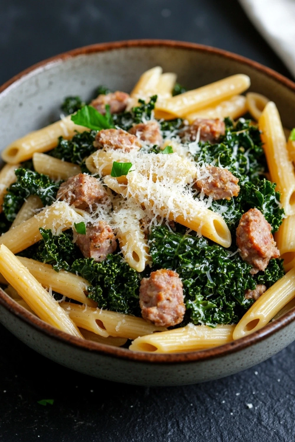 Sausage and kale pasta dinner for two - the image is a close-up of a bowl of pasta dish. the pasta appears to be penne, which is a type of penne pasta, and is cooked al dente. the dish is garnished with chunks of sausage and kale, and there is a sprinkle of grated parmesan cheese on top. the bowl is made of ceramic and is sitting on a dark grey countertop. the background is blurred, but it seems to be a kitchen countertop with a white napkin on the side.