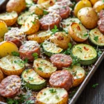 Sausage potato zucchini sheet pan dinner - the image shows a baking tray filled with roasted potatoes and zucchini. the potatoes are golden brown and appear to be seasoned with herbs and spices. the zucchinis are cut into small cubes and are arranged in a circular pattern on the tray. there are also small pieces of sausage scattered throughout the dish. the tray is sitting on a wooden table with a few sprigs of parsley scattered around it. the background is blurred, but it appears to be a kitchen countertop.