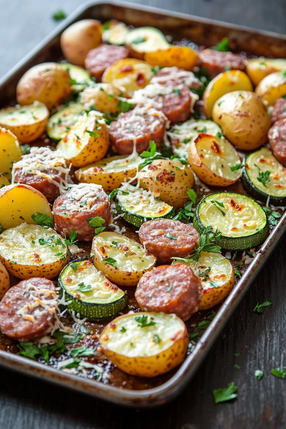 Sausage potato zucchini sheet pan dinner - the image shows a baking tray filled with roasted potatoes and zucchini. the potatoes are golden brown and appear to be seasoned with herbs and spices. the zucchinis are cut into small cubes and are arranged in a circular pattern on the tray. there are also small pieces of sausage scattered throughout the dish. the tray is sitting on a wooden table with a few sprigs of parsley scattered around it. the background is blurred, but it appears to be a kitchen countertop.