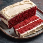 Sheet cake red - the image shows a slice of red velvet cake on a gray plate. the cake has a thick layer of white frosting on top, with a swirl pattern on the sides. the frosting appears to be smooth and creamy, and the cake itself is a deep red color. the plate is round and has a textured surface. the background is blurred, but it seems to be a kitchen countertop.