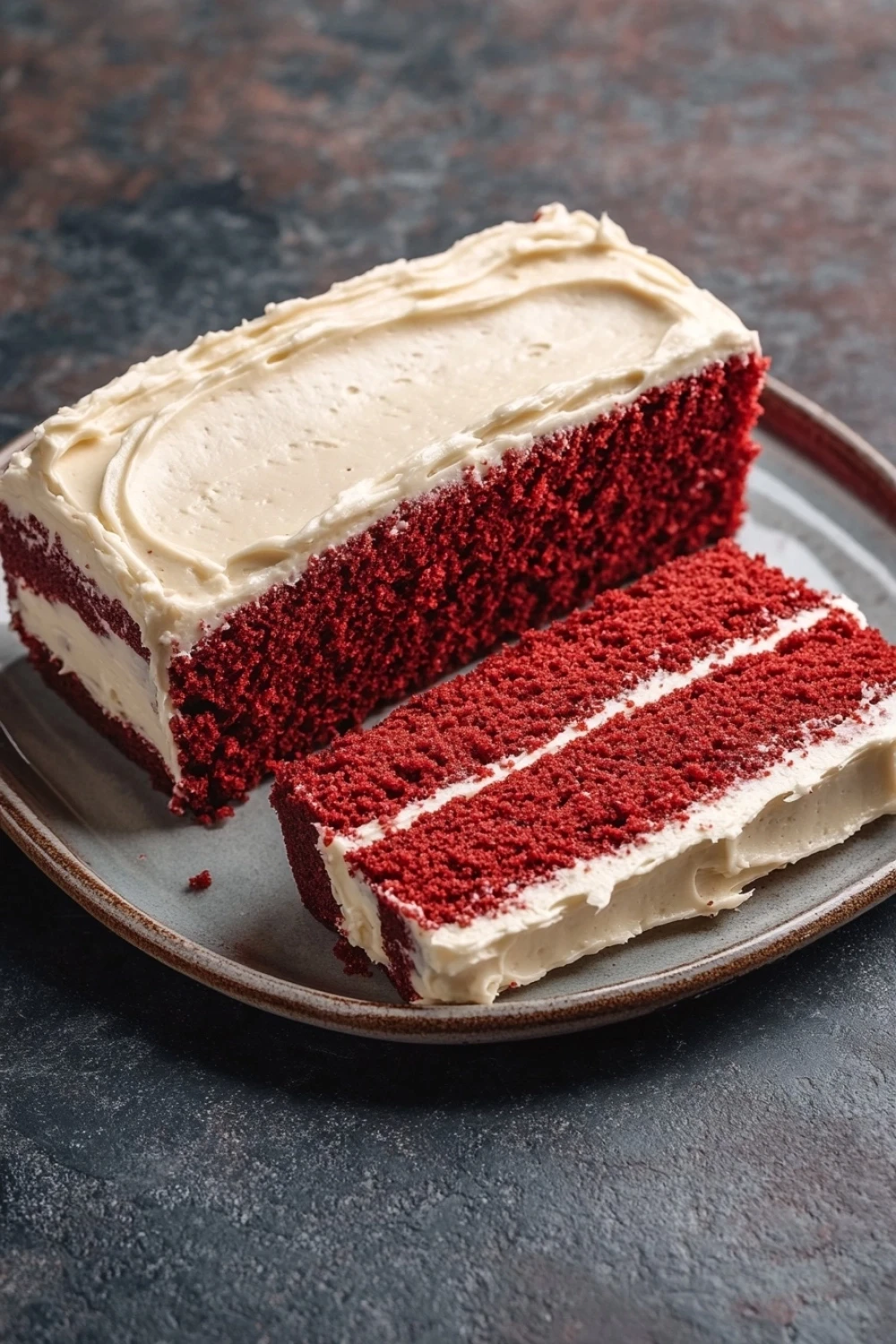 Sheet cake red - the image shows a slice of red velvet cake on a gray plate. the cake has a thick layer of white frosting on top, with a swirl pattern on the sides. the frosting appears to be smooth and creamy, and the cake itself is a deep red color. the plate is round and has a textured surface. the background is blurred, but it seems to be a kitchen countertop.