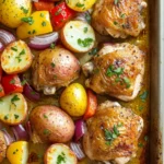 Sheet pan dinner with potatoes - the image shows a baking tray filled with roasted chicken and potatoes. the chicken is golden brown and appears to be seasoned with herbs and spices. the potatoes are cut into small cubes and are arranged in a circular pattern on the tray. there are also diced red and yellow bell peppers, red onions, and yellow potatoes scattered throughout the dish. the tray is lined with parchment paper and there are a few sprigs of parsley on top. the background is a white marble countertop.