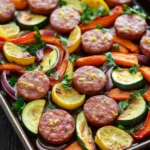 Sheet pan lemon butter veggies and sausage - the image shows a baking tray filled with a colorful dish. the dish appears to be a type of sausage or sausage, with a golden brown color and a crispy texture. it is garnished with sliced lemons, red onions, and zucchini, as well as a sprig of parsley. the vegetables are arranged in a circular pattern on the tray, with some overlapping each other. the tray is sitting on a wooden table, and there is a white cloth napkin on the right side of the image.