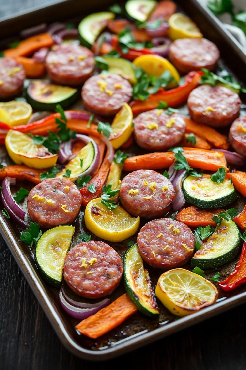 Sheet pan lemon butter veggies and sausage - the image shows a baking tray filled with a colorful dish. the dish appears to be a type of sausage or sausage, with a golden brown color and a crispy texture. it is garnished with sliced lemons, red onions, and zucchini, as well as a sprig of parsley. the vegetables are arranged in a circular pattern on the tray, with some overlapping each other. the tray is sitting on a wooden table, and there is a white cloth napkin on the right side of the image.