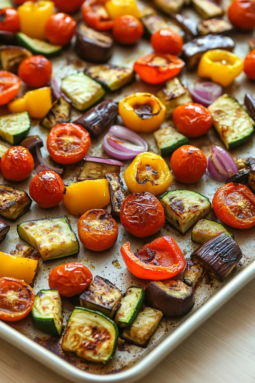 Sheet pan roasted mediterranean vegetables - the image shows a baking tray filled with roasted vegetables. the vegetables are arranged in a circular pattern on the tray, with some overlapping each other. the tray is lined with parchment paper and appears to be on a wooden table. the vegetables include sliced zucchini, cherry tomatoes, bell peppers, and red onions. the tomatoes are bright red and appear to be seasoned with herbs and spices. the bell peppers are yellow and the onions are dark red. the zucchinis are cut into small cubes and are arranged around the tray in a way that they are evenly spaced. the overall appearance of the vegetables is colorful and appetizing.