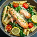 Sheet pan salmon pasta - the image is a close-up of a bowl of pasta dish. the pasta appears to be penne, and it is cooked al dente. on top of the pasta, there are two pieces of salmon, which are cooked to a golden brown color and have a crispy texture. the salmon is garnished with fresh herbs, including cherry tomatoes, spinach, and lemon wedges. the dish is served in a gray bowl with a dark grey background. there are also a few sprigs of parsley scattered around the bowl.