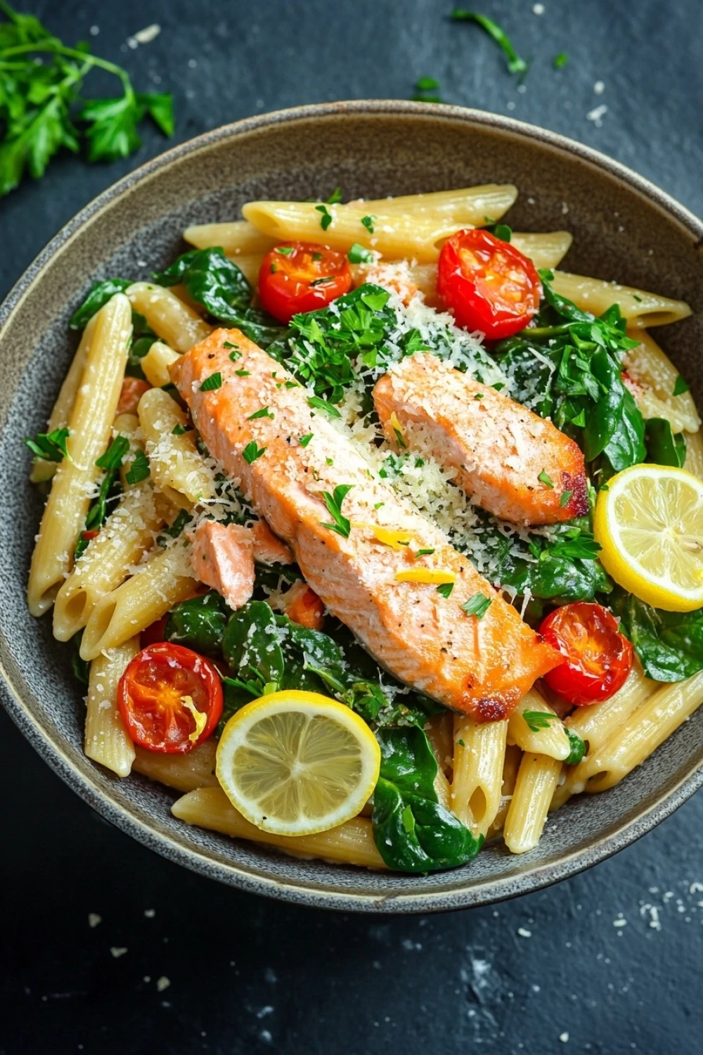 Sheet pan salmon pasta - the image is a close-up of a bowl of pasta dish. the pasta appears to be penne, and it is cooked al dente. on top of the pasta, there are two pieces of salmon, which are cooked to a golden brown color and have a crispy texture. the salmon is garnished with fresh herbs, including cherry tomatoes, spinach, and lemon wedges. the dish is served in a gray bowl with a dark grey background. there are also a few sprigs of parsley scattered around the bowl.