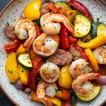 Shrimp sausage veggies air fryer - the image is a close-up of a plate of food. the plate is white with a speckled pattern and is placed on a dark grey surface. the food appears to be a stir-fry dish with shrimp, zucchini, red and yellow bell peppers, sausage, and onions. the shrimp are cooked medium-sized and have a pinkish-orange color. the sausage is cooked to a golden brown and is scattered throughout the dish. there are also some green herbs sprinkled on top. the overall color scheme of the dish is vibrant and appetizing.