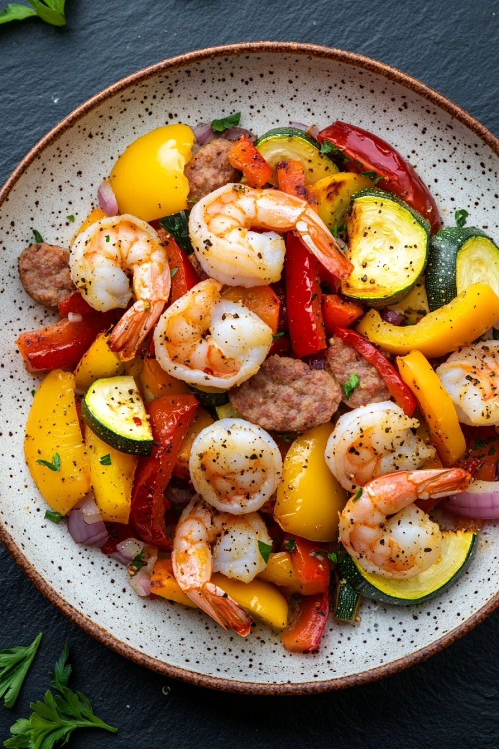 Shrimp sausage veggies air fryer - the image is a close-up of a plate of food. the plate is white with a speckled pattern and is placed on a dark grey surface. the food appears to be a stir-fry dish with shrimp, zucchini, red and yellow bell peppers, sausage, and onions. the shrimp are cooked medium-sized and have a pinkish-orange color. the sausage is cooked to a golden brown and is scattered throughout the dish. there are also some green herbs sprinkled on top. the overall color scheme of the dish is vibrant and appetizing.