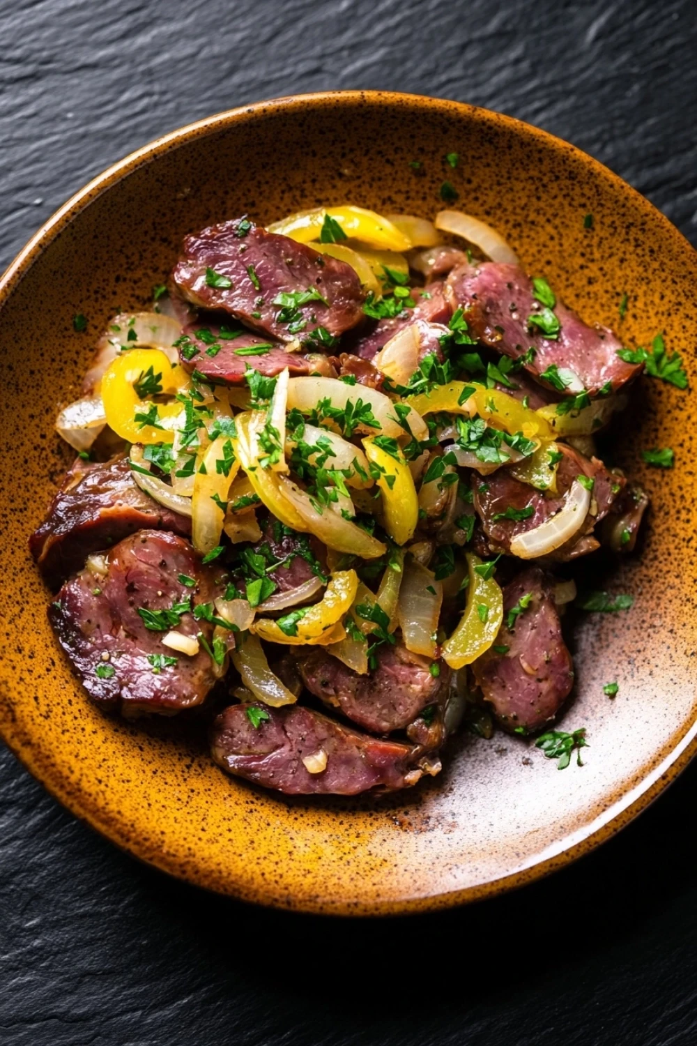 Skillet beef liver - the image is a close-up of a plate of food. the plate is orange in color and has a speckled texture. on top of the plate, there are several pieces of cooked steak, which appear to be medium-rare and have a pinkish-red color. the steak is garnished with sliced yellow bell peppers, onions, and chopped herbs. the dish is served on a black textured surface. the overall appearance of the dish is savory and appetizing.